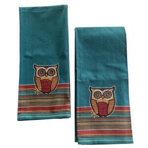 NWOT Set of 2 Kay Dee Designs Cotton Teal Kitchen Tea Towels Applique Owl Stripe